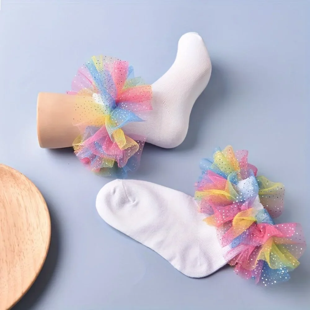 2/$12 Girls Rainbow Tulle Ruffle Socks | White Sparkle Ankle Socks